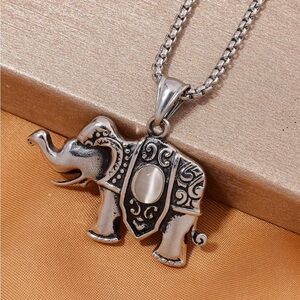 Lab Created White Cat’s Eye Elephant Pendant Necklace in Black Oxidized SS